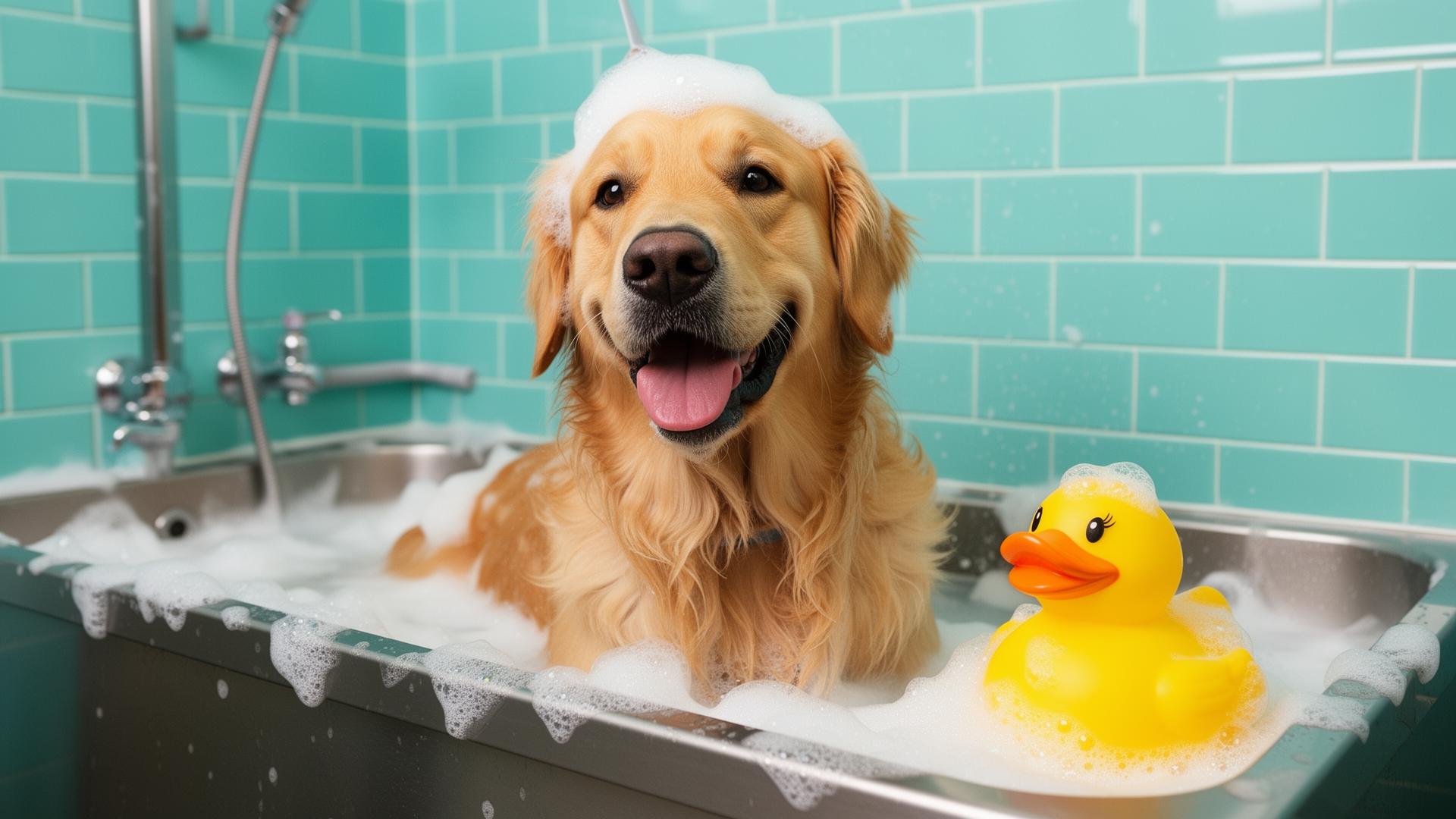 Happy dog enjoying a bath at Totally Mutts dog wash Vancouver WA